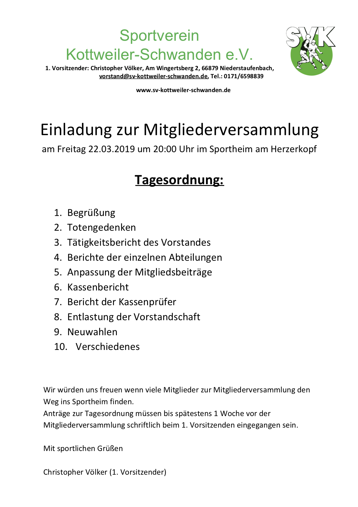 Einladung Mitgliederversammlung KottweilerSchwanden Aktuell
